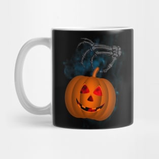 Pumpkin and Skeleton Hand Happy Halloween Mug